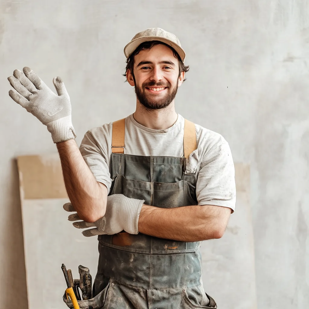 Un artisan peintre expérimenté à Toulouse, vêtu d'une tenue professionnelle marquée par des traces de peinture, affichant un sourire confiant qui reflète son expertise dans le métier