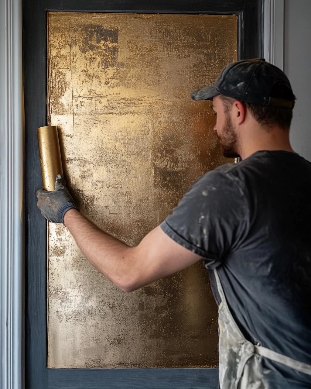 Dans une pièce en cours de rénovation, un peintre applique un enduit à effet sur un grand mur gris. Ses vêtements de travail sont recouverts de traces de peinture, témoignant de l’intensité du chantier. Un escabeau est positionné à proximité, et un seau de peinture repose au sol. L’artisan utilise des gestes précis pour créer une texture unique, donnant du relief à la surface. Le rendu final offre un effet moderne et élégant, idéal pour une ambiance contemporaine.