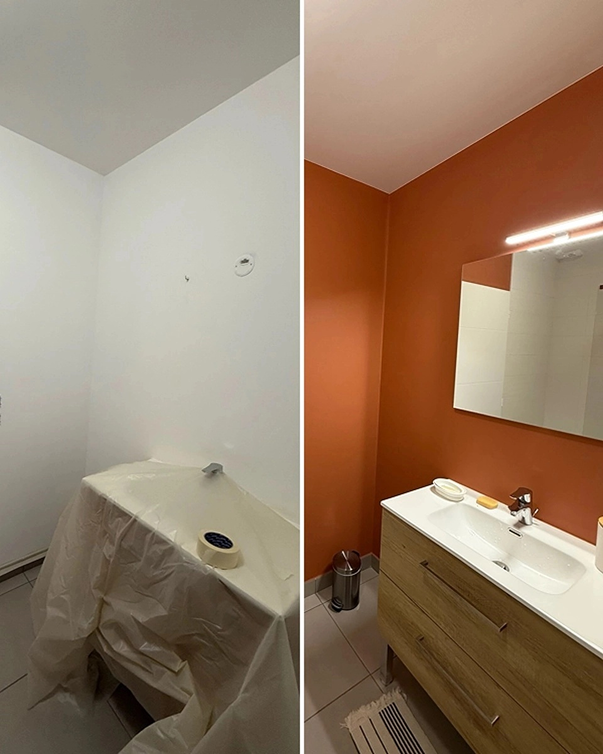 Avant/après rénovation d’une petite salle de bain à Fonsorbes avec peinture terre cuite et rechampis précis pour un rendu chaleureux et moderne