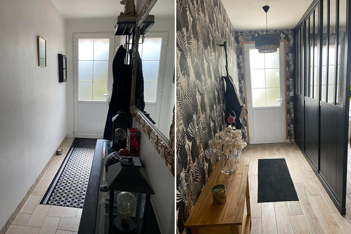Avant/après rénovation d’une entrée à Toulouse : ajout d’une tapisserie fleurie, remplacement d’un mur par des portes en bois noir pour un style moderne et élégant