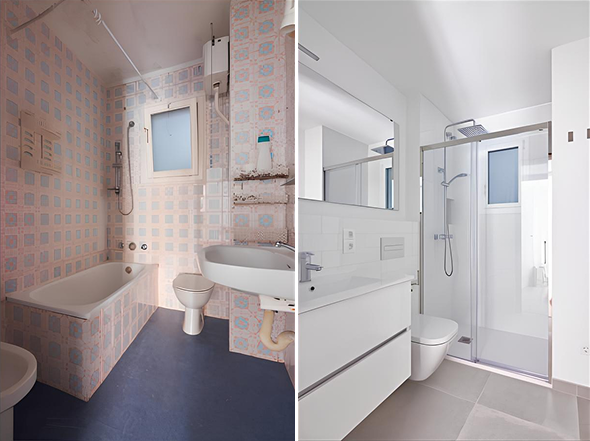 Avant/après rénovation d’une salle de bain à Colomiers (31) : nouveau carrelage, peinture des murs et plafond, et pose d’un sol moderne pour un espace rafraîchi et élégant