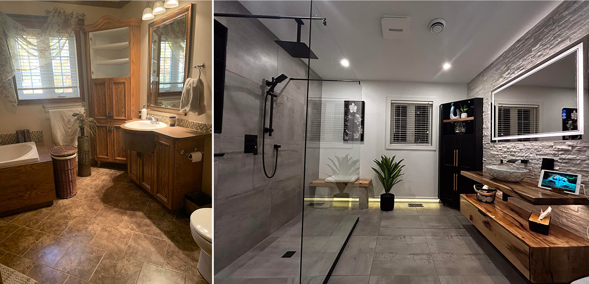 Avant/après rénovation d’une salle de bain avec pose de plaques de parement effet pierre, peinture des murs et refonte du sol pour un design moderne et naturel, à portet-sur-garonne proche de Toulouse