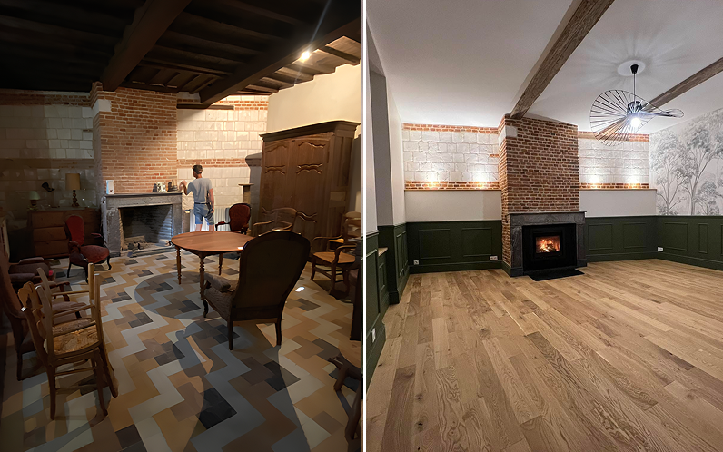 Avant/après rénovation d’un salon avec cheminée à Toulouse : peinture du plafond, ajout d’un motif en contreplaqué bois vert, sablage et peinture des briques, et polissage du parquet en bois pour un rendu moderne et chaleureux