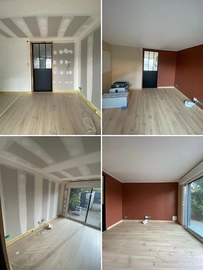 Avant/après rénovation d’un salon à Aucamville près de Toulouse : peinture des murs en terre cuite, protection du sol existant et chantier livré propre pour un résultat soigné