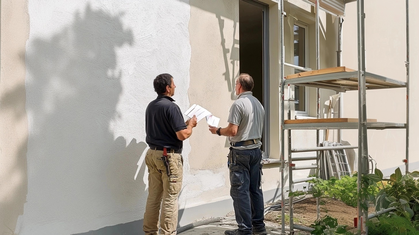 Artisan peintre à Toulouse donnant des conseils techniques pour le traitement et la peinture de façade extérieure, aux côtés d’un client