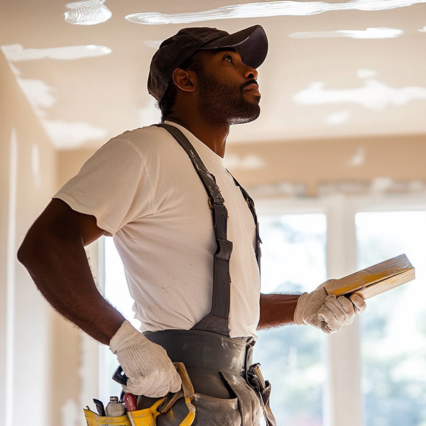 Ouvrier peintre spécialisé en rénovation intérieure, inspectant un plafond fraîchement enduit, équipé d’outils professionnels