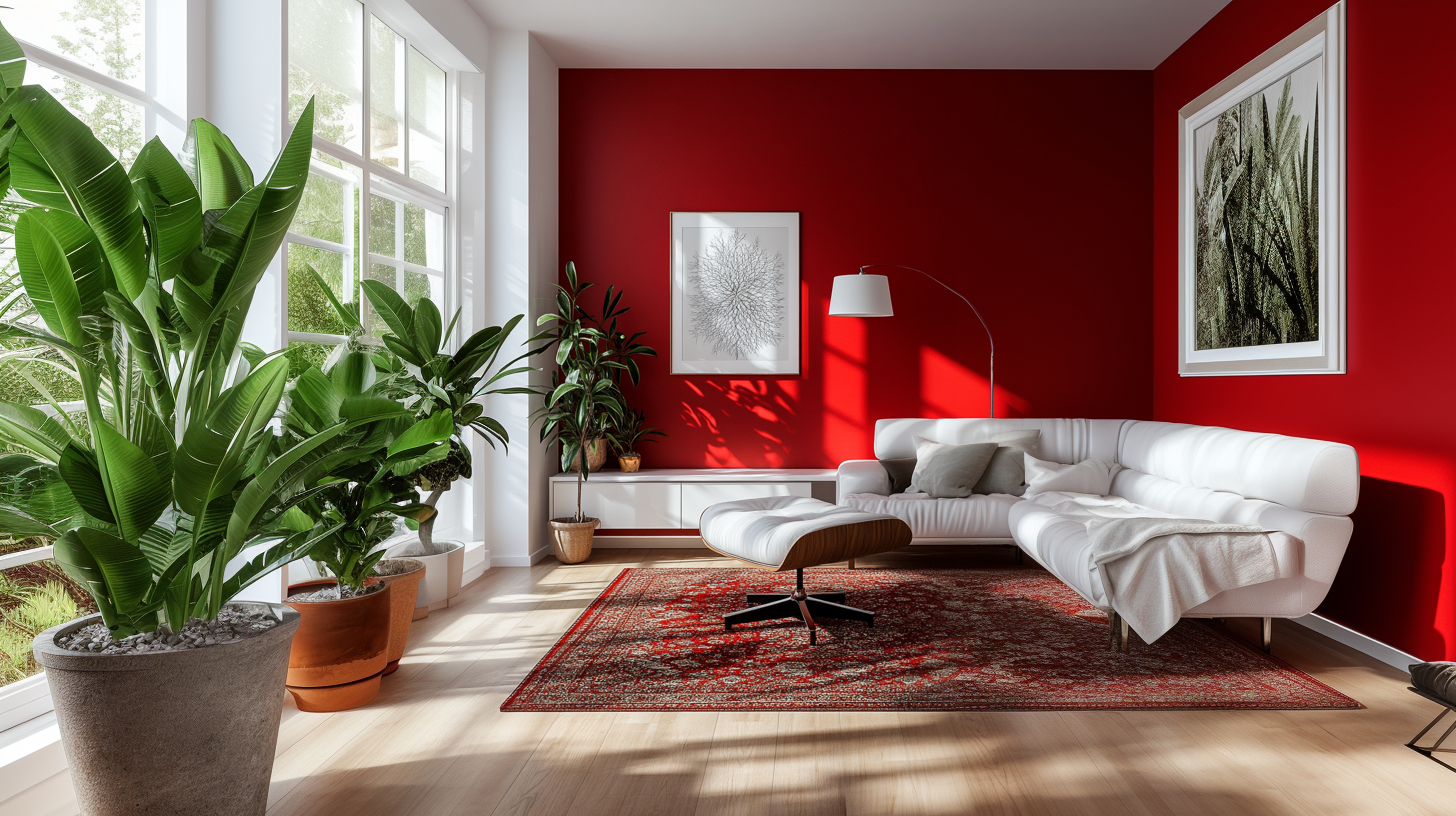 Salon lumineux à Toulouse avec mur rouge finition velours, mettant en valeur la qualité d’une peinture intérieure haut de gamme réalisée par un artisan peintre