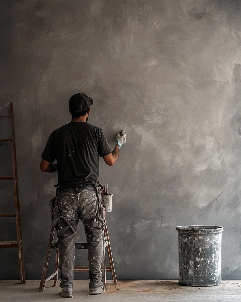 Un artisan peintre applique une finition métallisée dorée sur une porte. Son rouleau glisse sur la surface, révélant une texture brillante et luxueuse. Casquette vissée sur la tête, il se concentre sur chaque détail pour obtenir un rendu homogène. Autour de lui, des outils et des protections de chantier témoignent d’un travail en cours. Cette technique de peinture apporte une touche d’élégance, transformant un simple élément de menuiserie en un véritable atout décoratif.