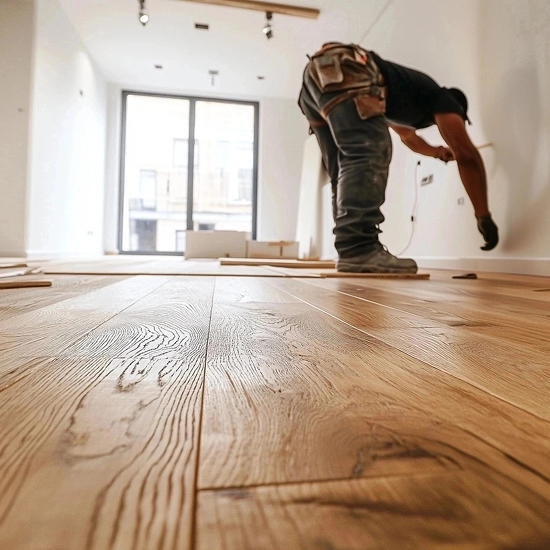 Artisan en pleine pose de parquet flottant effet chêne, dans une pièce en cours de rénovation, illustrant un travail précis sur revêtement de sol bois
