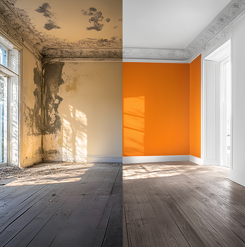 Salon de style ancien, rénové avec soin, avec des murs en pierre naturelle blanche, peint avec une peinture à effet pierre naturelle, témoignant d’un travail soigné et d’une attention aux détails.