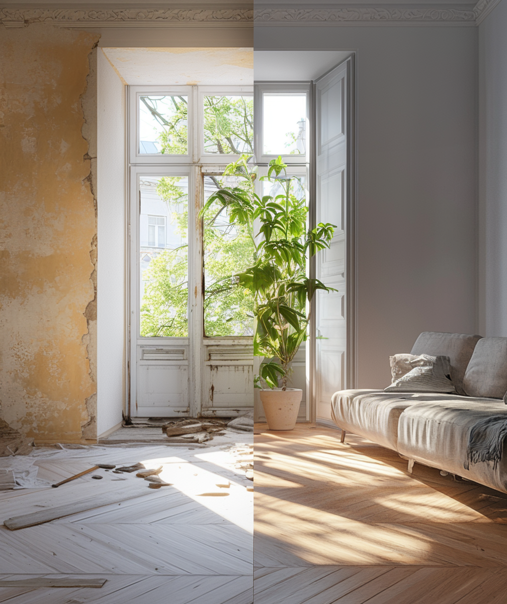 Mur avec une grande fenêtre, avant et après rénovation. L’image compare l’état initial avec une fenêtre vieillissante et un mur défraîchi, et le résultat après rénovation avec une fenêtre moderne et un mur rénové
