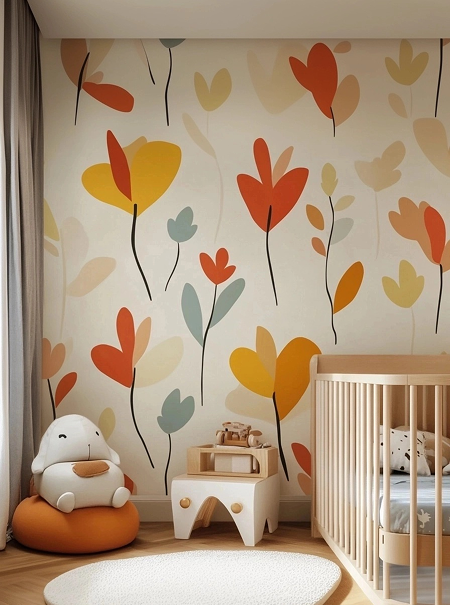 Décoration murale dans une chambre de bébé en Occitanie avec une tapisserie moderne aux motifs floraux stylisés, posée avec précision pour créer une ambiance douce, ludique et chaleureuse