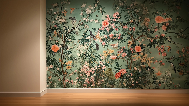 Mur décoré avec une tapisserie panoramique florale posée dans un salon en Haute-Garonne, illustrant un travail soigné de pose sur revêtement mural