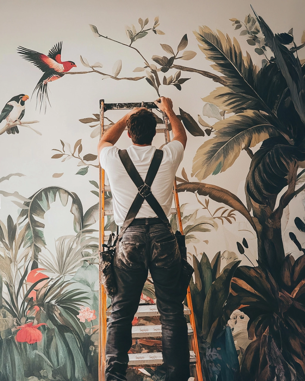 Un artisan peintre, vêtu d’un pantalon de travail marqué par des traces de peinture, est monté sur une échelle, appliquant avec soin une tapisserie murale. Le motif végétal, composé de grandes feuilles exotiques et d’oiseaux colorés, se fond parfaitement sur le mur. Son geste précis témoigne d’un travail minutieux, où chaque raccord est aligné avec justesse. L’ambiance qui se dégage est chaleureuse et immersive, transformant l’espace en une véritable fresque décorative.